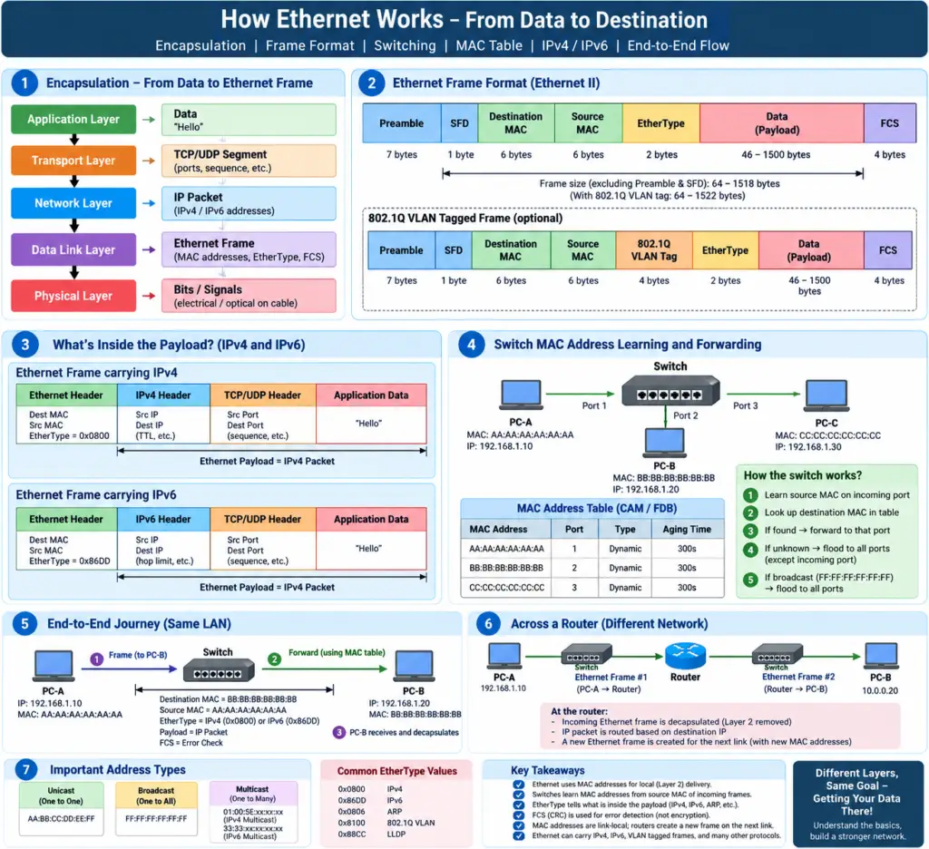 How Ethernet Works: From Data to Ethernet Frame, MAC Address, Switching and FCS